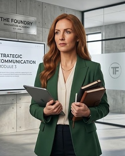An AI tutor presented as a woman in a green blazer beside a training screen