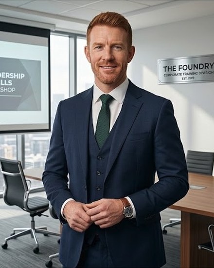 An AI tutor presented as a man in a navy three-piece suit in a boardroom