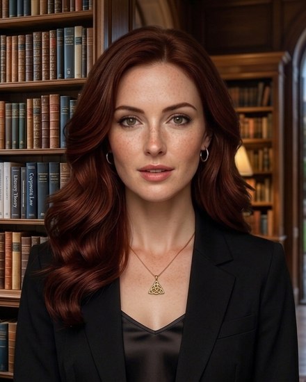 An AI tutor presented as a woman in a black jacket, standing in a wood-panelled library