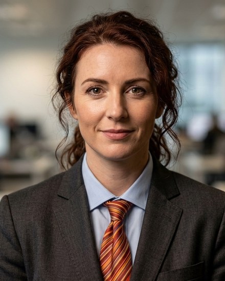 An AI tutor presented as a woman in a grey suit and tie, standing in an open-plan office
