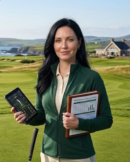 An AI tutor presented as a woman in a green jacket on a links golf course